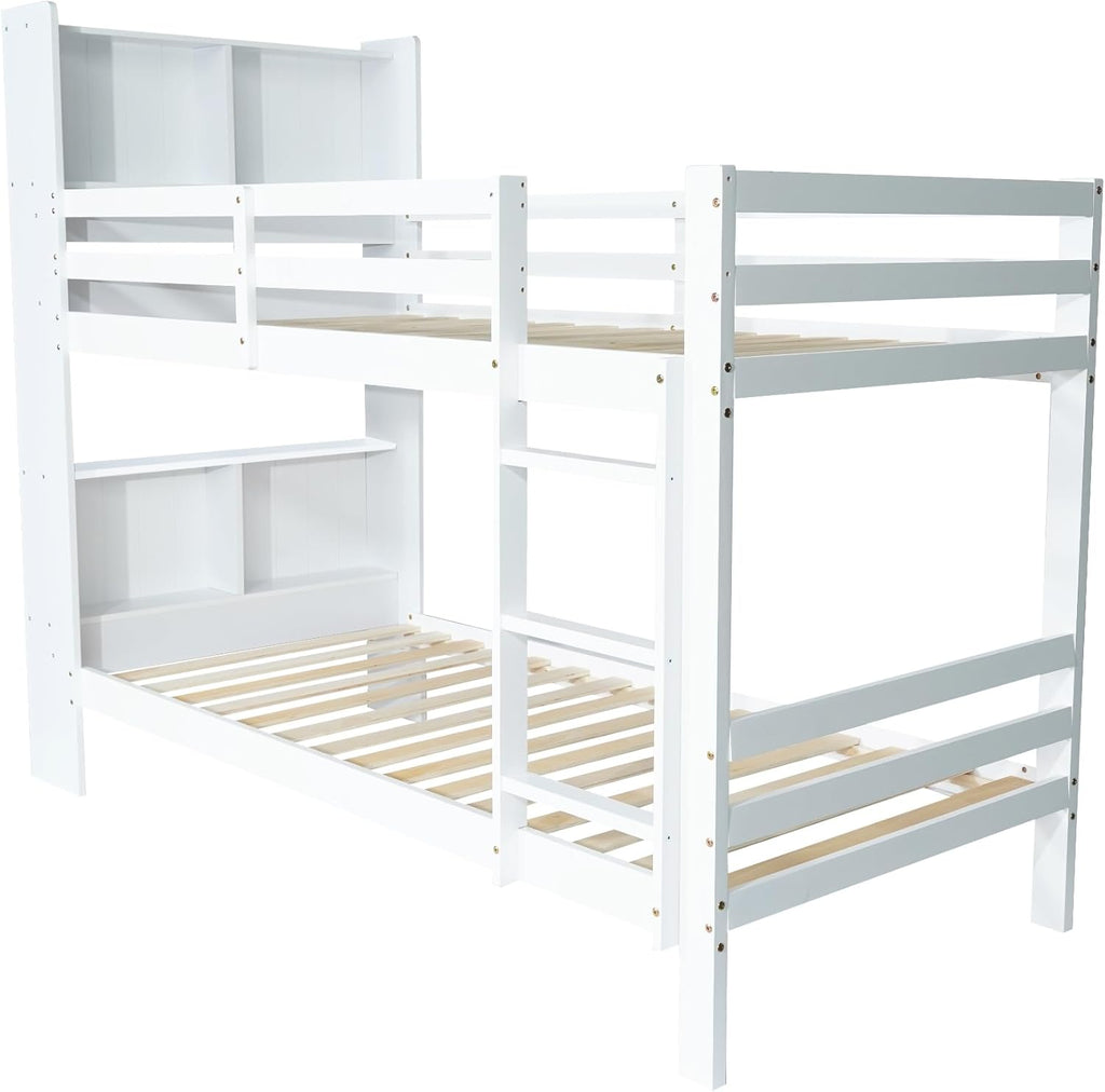 Kinderbett 90x200 mit Regalen und Leiter, Funktionsbett Etagenbett für 2 Kinder, Stockbett Hochbett Jugendhochbett mit Stauraum und Lattenrost,Jugendbett Bettrahmen aus Massivholz,ohne matratze,Weiß