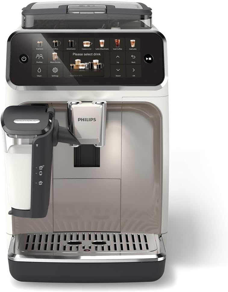PHILIPS 5500 Series Kaffeevollautomat – 20 Getränke, Modernes Farb-Touchdisplay, LatteGo-Milchsystem, SilentBrew-Technologie, 100% Keramikmahlwerk, QuickStart, 1,8L Wassertank, Weißchrom (EP5543/90)