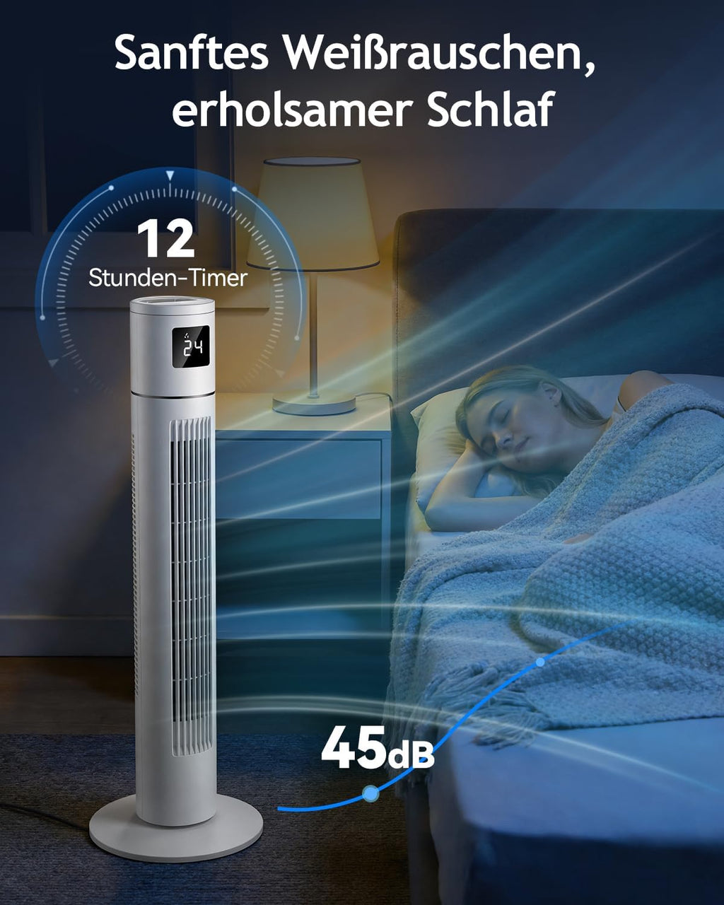 Timiyou Turmventilator 20dB Sehr Leiser für Schlafzimmer & Kühlung mit Fernbedienung | 3 Geschwindigkeitsstufen, 12h Timer, 60° Oszillation, Temperaturanzeige