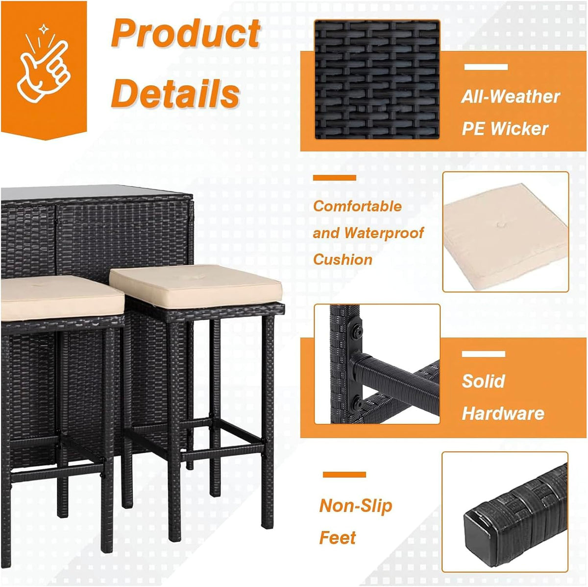 Polyrattan Gartenbar Set Gartenmöbel Sitzgruppe Rattan Bar Tresen Theke Tisch Barset Bartisch Stehtisch Gartentheke Barhocker Bar-Stuhl Sitzgruppe (Braun&Khaki)