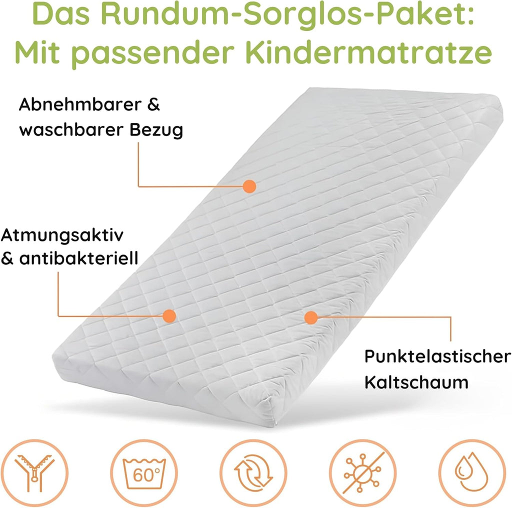 Kids Collective Hochbett 90x200 mit 3 Matratzen, Ausziehbett Etagenbett mit Ausziehfunktion, Zwei Schubladen, Lattenrost, Rausfallschutz umbaubar in DREI Einzelbetten, Vollholz massiv | weiß