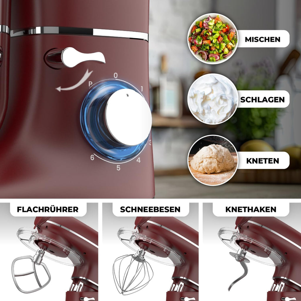 Fentic 6-in-1 Küchenmaschine – 2000W – Mit Fleischwolf, 1,5L Entsafter, Gemüseschneider und Mehr – Knetmaschine mit 6,2L Rührschüssel, Rührhaken, Knethaken, Schlagbesen und Spritzschutz (Schwarz)
