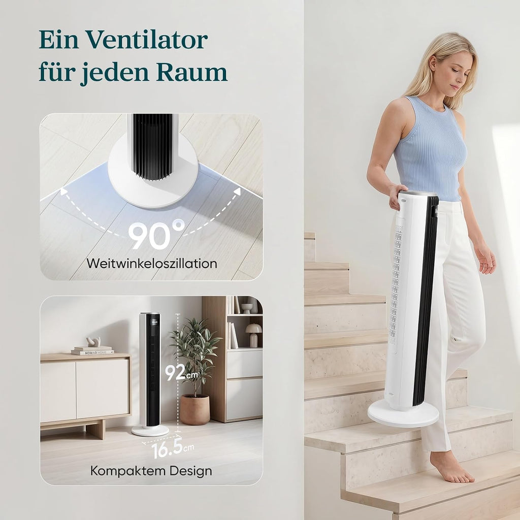 Levoit-Turmventilator mit Fortschrittlichem Schlafmodus-Ventilator leise 12Std Timer 4 Modi 5 Geschwindigkeiten-Automatikbetrieb mit Sensor-Oszillation Tower Fan mit Fernbedienung Weiß 92CM