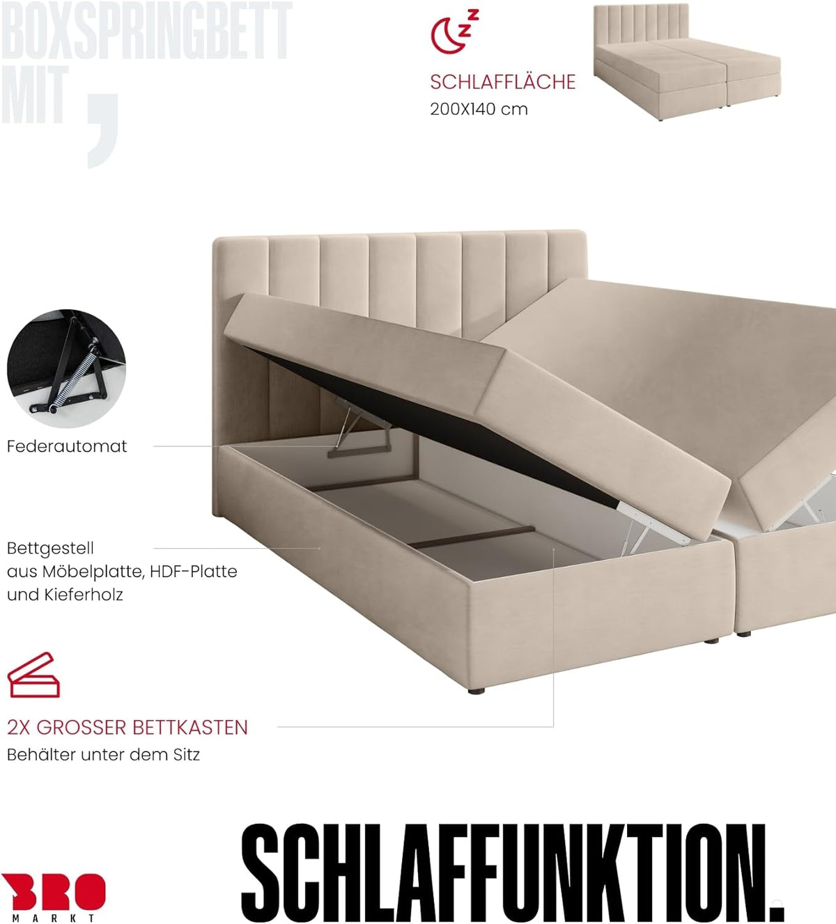 BROMARKT Boxspringbett mit Bonell Matratze Härtegrad H3 140x200cm Polsterbett mit Bettkasten Doppelbett mit Topper gepolsterte Kopfstütze Bett für Schlafzimmer Denver Dunkelgrau