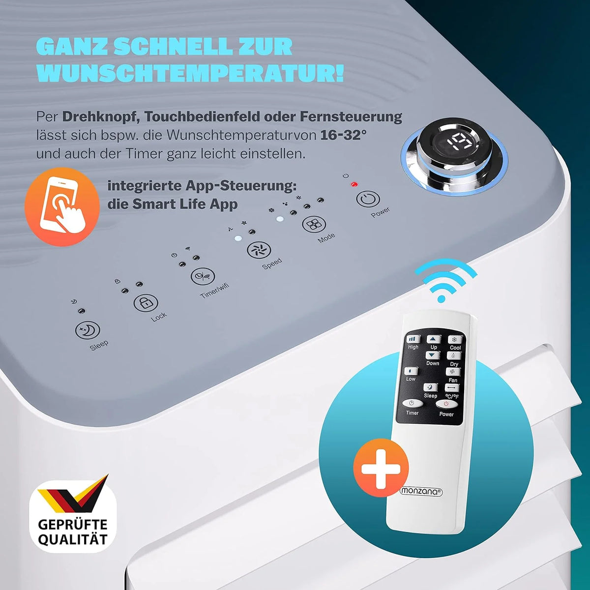 Monzana® lokale Klimaanlage MZKA2000 Mobil Abluftschlauch 7000BTU 3in1 750W 24h Timer 25qm Fernbedienung Luftentfeuchter Rollladenkit Klimagerät