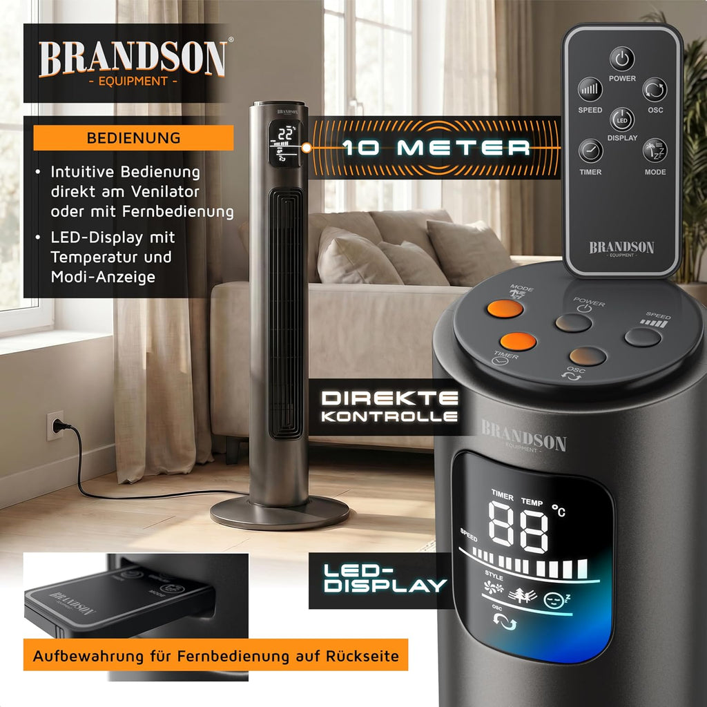 Brandson - Turmventilator mit Fernbedienung - Preisträger 2026 - Oszilation 60° - Standventilator - mobiler Lüfter - Säulenventilator - 96 cm - Ventilator 3 Geschwindigkeitsstufen - GS - Graphite