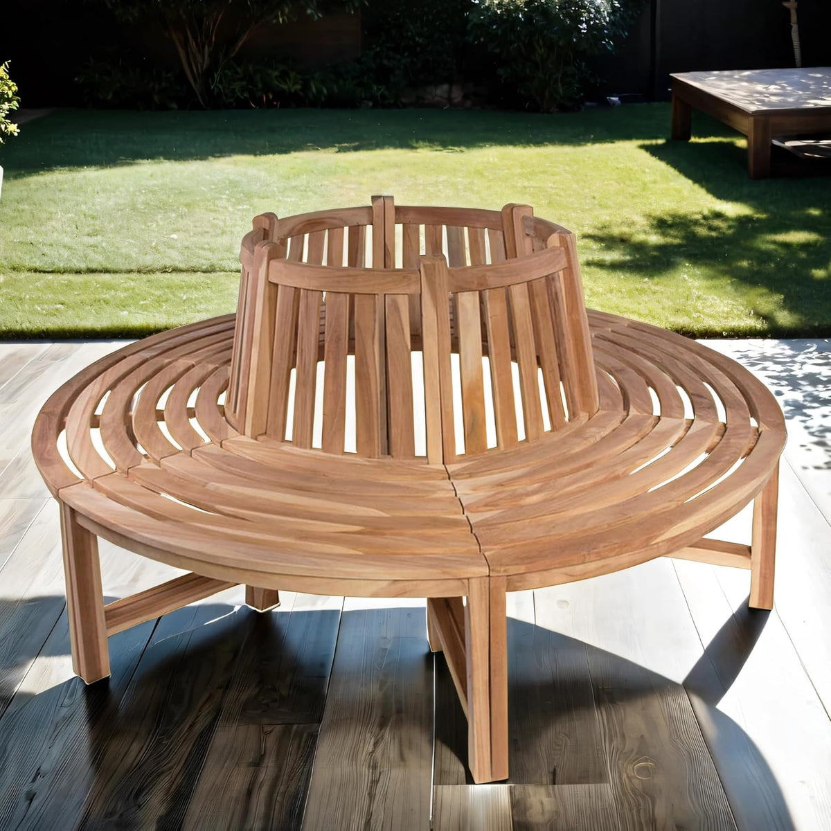 SAM Baumbank Timo, 360° kreisrunde Gartenbank, Teakholz massiv, Holzbank aus Massivholz, Sitzbank für den Garten, Durchmesser 180 cm, komplette Rundbank