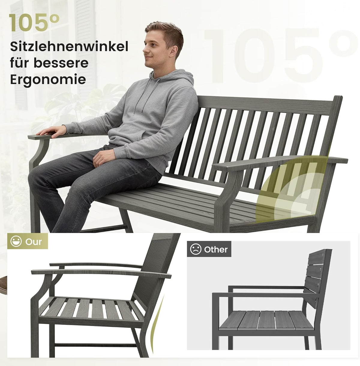 UDPATIO Gartenbank Metall in Holzoptik,Wetterfeste Sitzbank Outdoor, Bank 2–3 Sitzer für Balkon & Garten,Balkonmöbel mit Rücken & Armlehnen,Grau