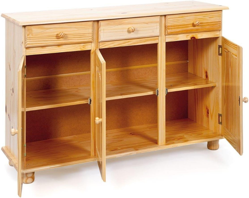 Inter Link – Landhausstil Kommode – Sideboard – Sideboard Buffet – Landhausstil – Beistellschrank - Kiefer massiv – 3 Türen – 3 Schubladen – Natur lackiert - Abaco, Naturbelassen