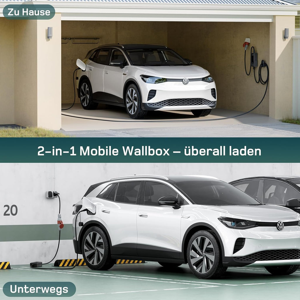 dé Mobile Wallbox 11kW mit APP 7 m | 3-phasig | 6–16 A], mit Traveller Set, CEE-16A 400V auf Typ 2 mit Einstellbarer Ladeleistung, EV-Charger für ID.3/4/5/7, IX1, Model 3/Y und andere BEV/PHEV