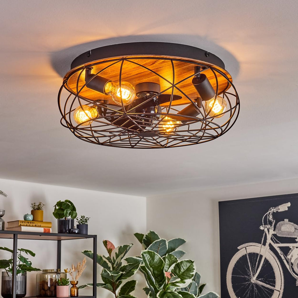LED Deckenventilator Tourais, Ventilator aus Metall/MDF in Schwarz/Holzoptik, Deckenleuchte im Retro/Vintage-Design in Gitter-Optik, Lichteffekt u. Fernbedienung, Wohnzimmer, Schlafzimmer, Esszimmer