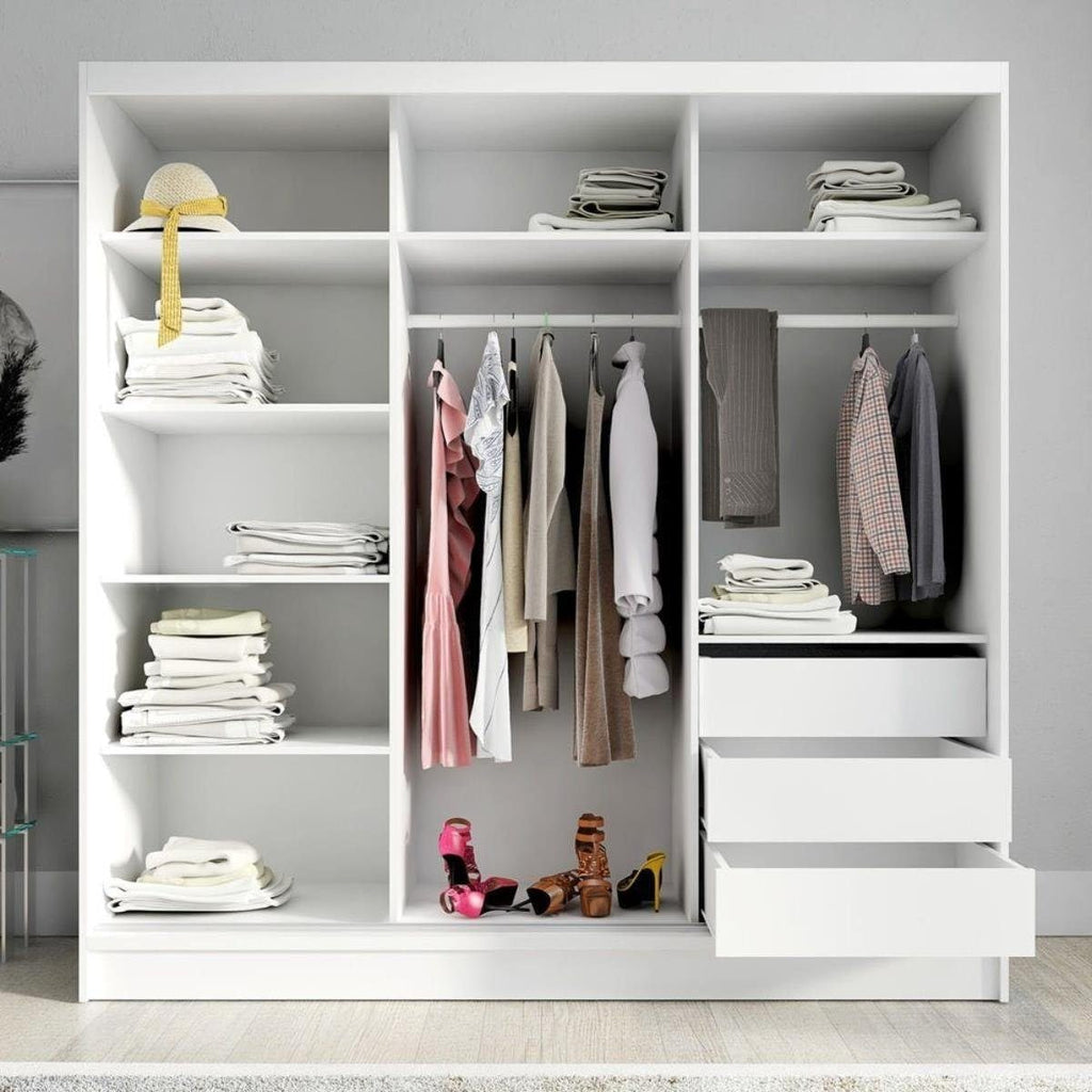A&J MöbelLand Schwebetürenschrank Duo Kleiderschrank 2-türig mit Schubladen, und Spiegel, Garderobe 200 cm