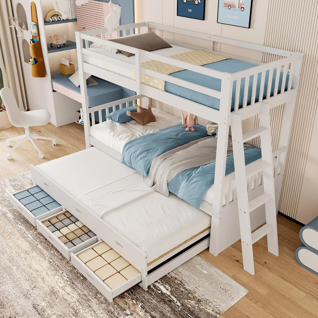Etagenbett Kinderbett 90x200 cm mit Stauraum, Hochbett mit Leiter und Rollbett, Jugendbett Bettgestell mit 3 Schubladen, Holzbett Bett mit Rausfallschutz und Lattenrost, Ohne Matratze (Weiß)