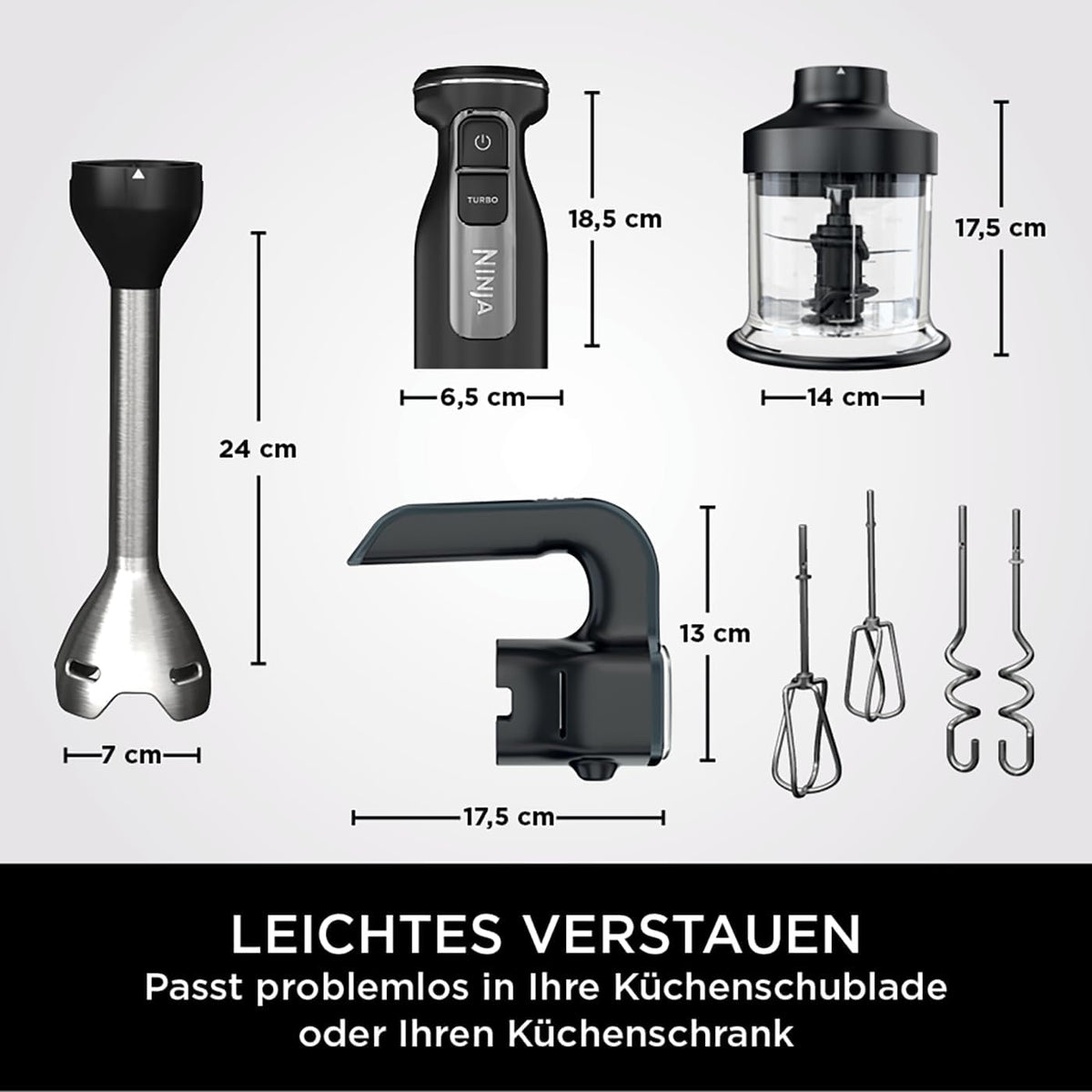 Ninja Foodi 3-in-1 Stabmixer, Handmixer & Zerkleinerer, Stufenweise Anlauf, 2 Misch- und 5 Rührgeschwindigkeiten zum Zerkleinern, Mischen, Kneten und mehr, spülmaschinenfest, 850W, Schwarz CI100EU