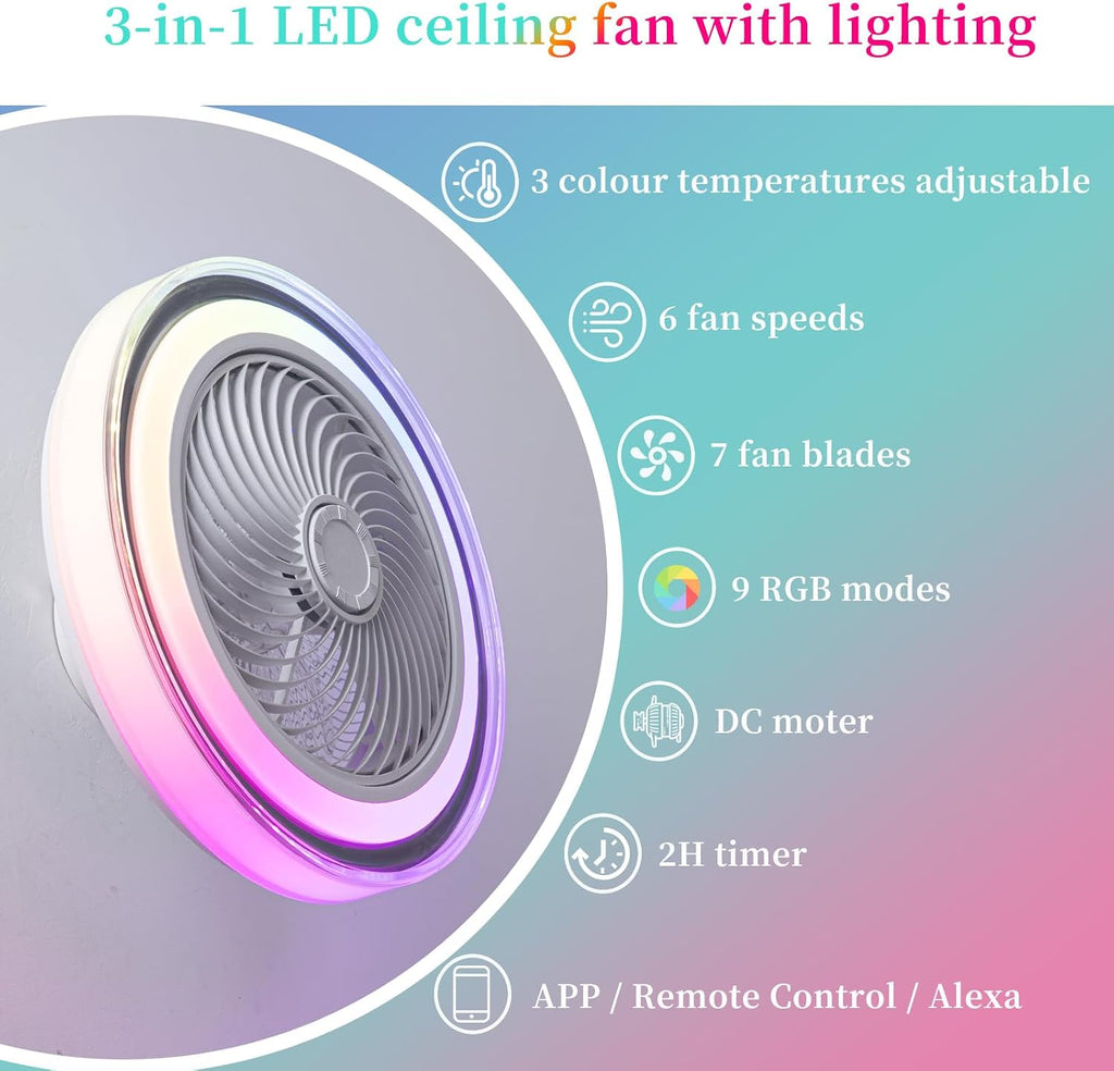LED RGB Modern Fan Lampe Mit Ventilator Und Alexa 6 Windgeschwindigkeiten Bluetooth-Musiklautsprecher Deckenventilator Mit Beleuchtung Und Fernbedienung Für Wohnzimmer Und Kinderzimmer