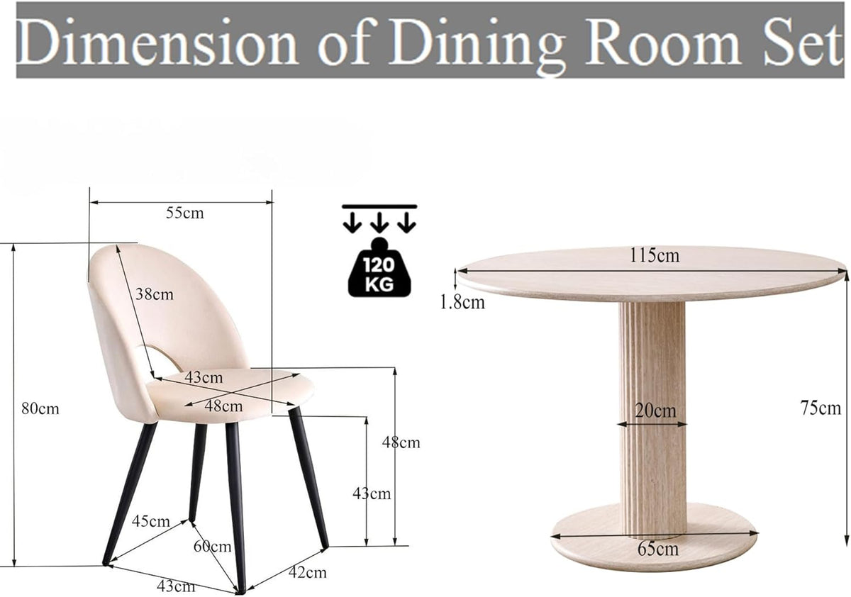 115cm Runder Esstisch mit 4 Esstischstühlen, Küchentisch aus MDF (Travertin-Maserung) und 4 Stühle für Küche, Esszimmer, Wohnzimmer und Büro (Beige)