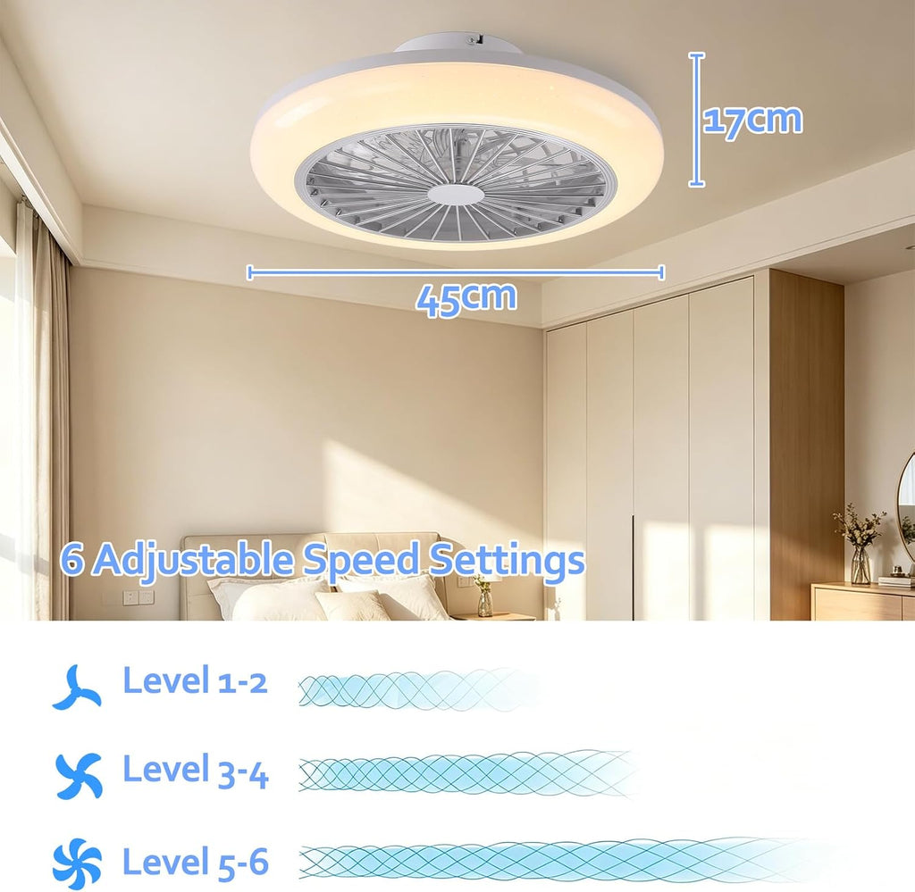 45cm Deckenventilator mit Beleuchtung Leise, LED RGB Deckenleuchte mit Ventilator und Fernbedienung Dimmbar, 6 Windstufen Reversibel, APP Timer mit Integrierter Lautsprecher für Schlafzimmer