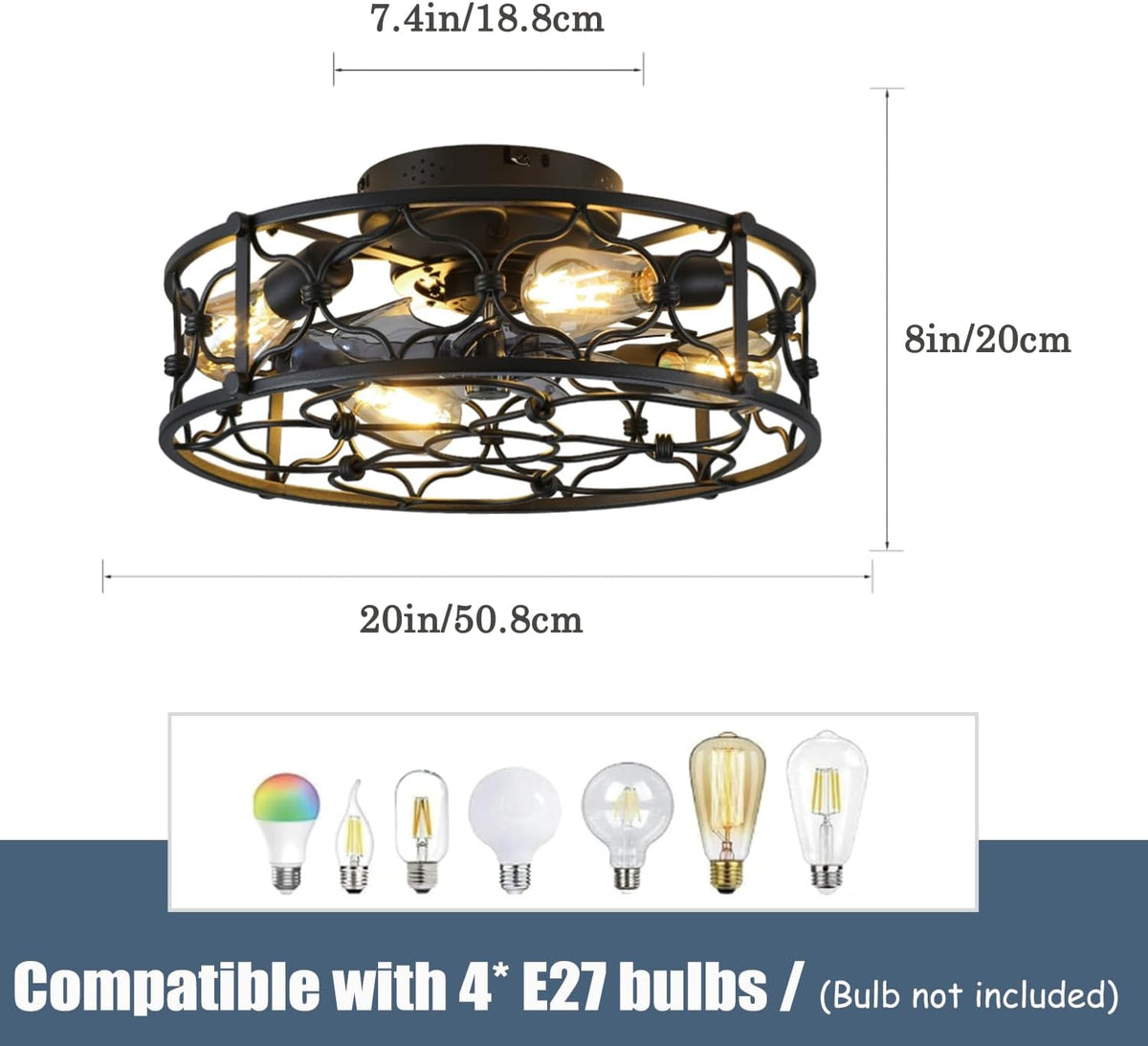 Deckenventilator Mit Beleuchtung, 50cm Retro Industrial Stil Deckenventilatoren mit Lichtern, E27 mit Fernbedienung, 6 Geschwindigkeiten Ventilator Deckenleuchte, Für Wohnzimmer Schlafzimmer