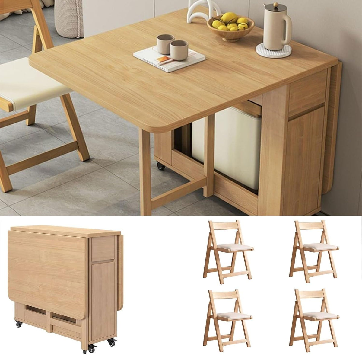 Zusammenklappbares Esstisch-Set, ausziehbarer Esstisch aus Holz mit Stauraum und Rollen, platzsparend, multifunktional, faltbar, Küchentische für kompakte Wohnung, Zuhause, Esszimmer