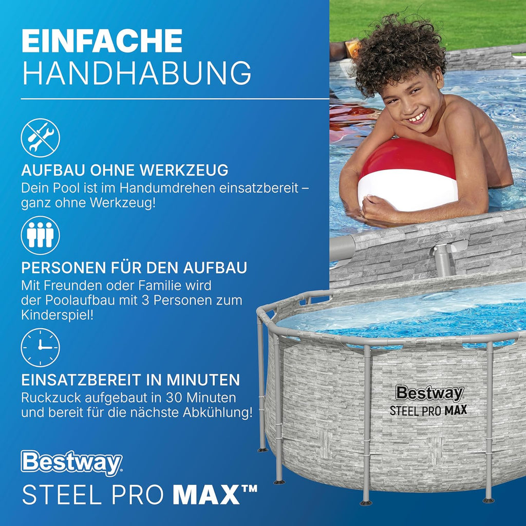 Bestway Power Steel Swim Vista Series Frame Pool Komplett-Set mit Filterpumpe 427 x 250 x 100 cm, Steinwand-Optik (Cremegrau), oval