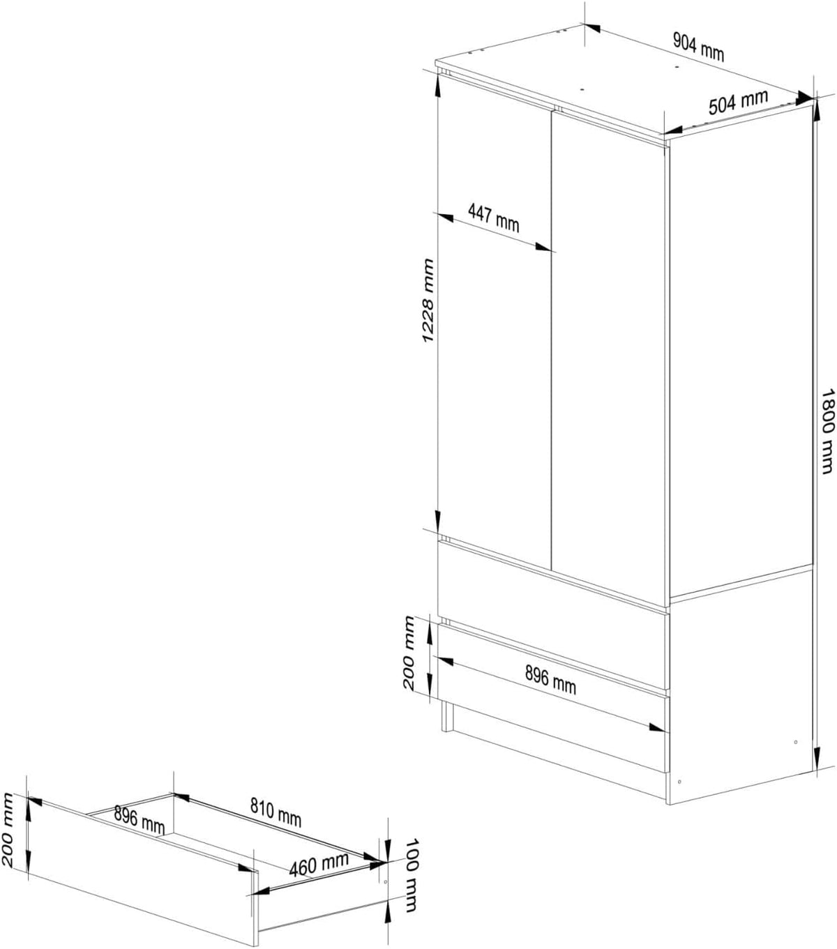 AKORD Zweitüriger Kleiderschrank S 90 cm 2 Schubladen mit Regalen und Einer Kleiderstange für EIN Schlafzimmer Kleiderschränke Minimalistischer Stil Schichtstoffplatte 16 mm | Eiche Craft
