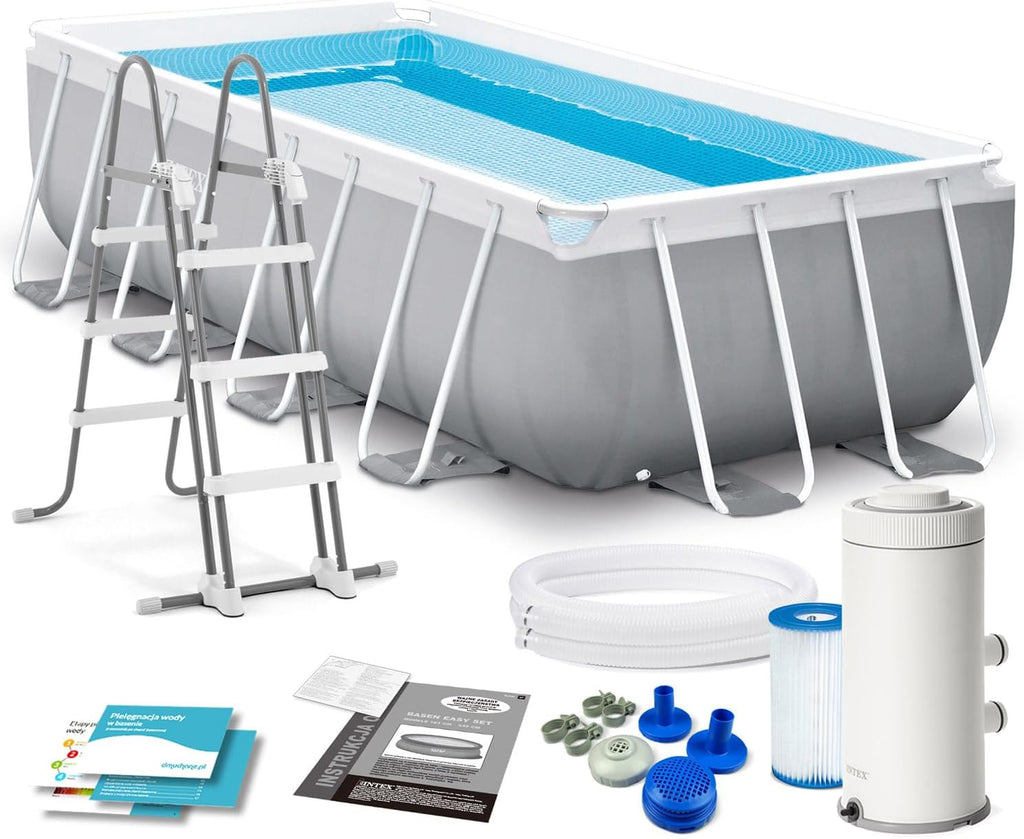 INTEX "PrismFrame" Pool rechteckig Aufstellpool Komplettset (400 x 200 x 100 cm) inkl. 12V Filterpumpe & Sicherheitsleiter Familienpool Swimmingpool Volumen ca 6.836l, blau (26788GN)