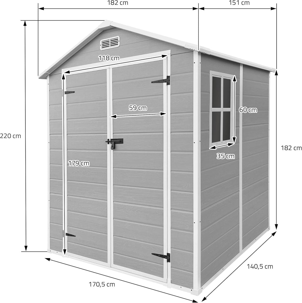 ECD Germany Gartenhaus Kunststoff mit Boden, Gerätehaus wetterfest, 5m³, 151x182x220 cm, Hellgrau, Geräteschuppen mit Satteldach, Fenster, Doppeltür & Belüftung, Gartenschuppen, Outdoor Aufbewahrung