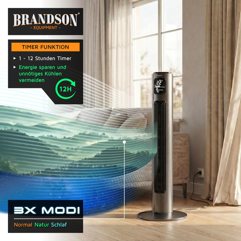 Brandson - Turmventilator mit Fernbedienung - Preisträger 2026 - Oszilation 60° - Standventilator - mobiler Lüfter - Säulenventilator - 96 cm - Ventilator 3 Geschwindigkeitsstufen - GS - Graphite
