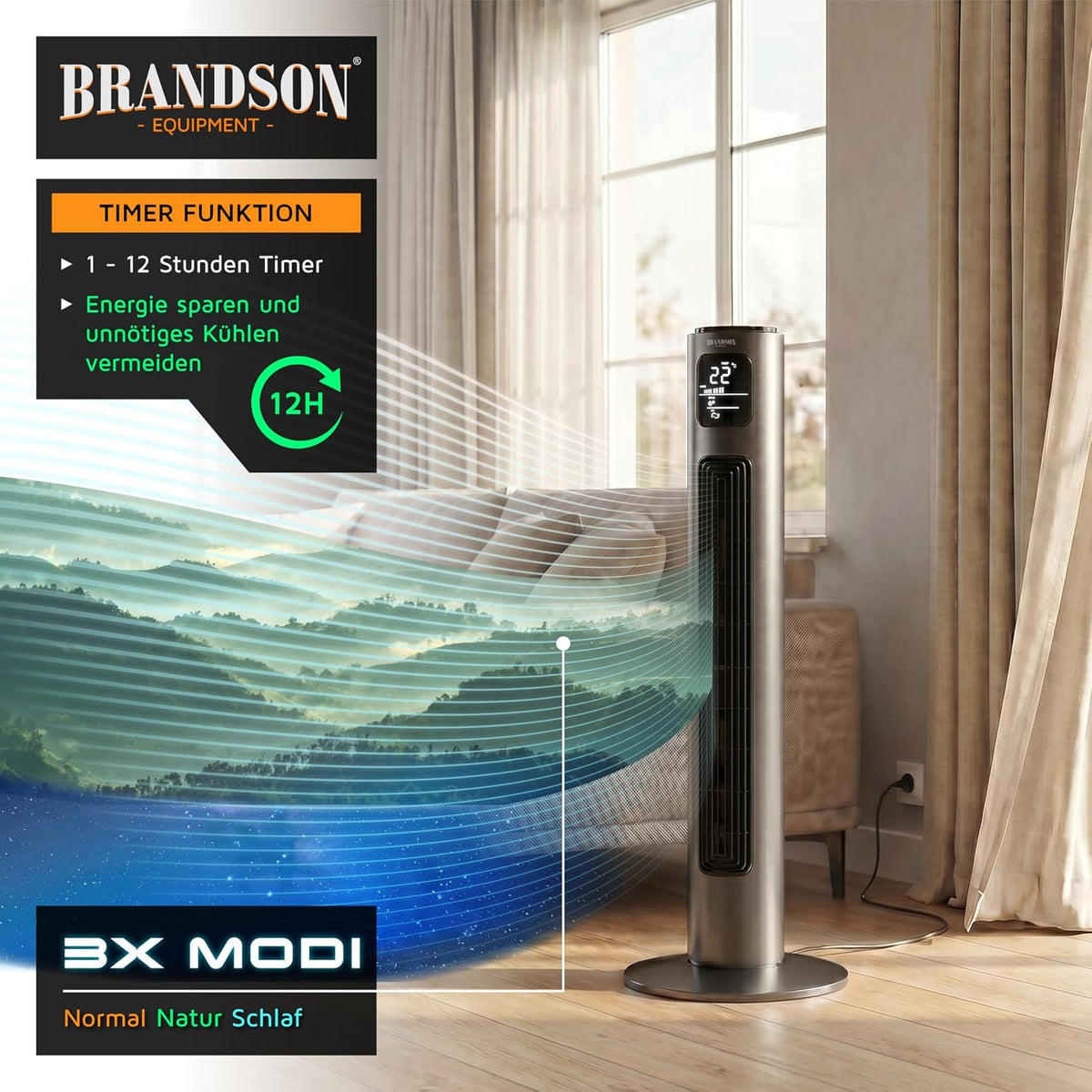 Brandson - Turmventilator mit Fernbedienung - Preisträger 2026 - Oszilation 60° - Standventilator - mobiler Lüfter - Säulenventilator - 96 cm - Ventilator 3 Geschwindigkeitsstufen - GS - Graphite
