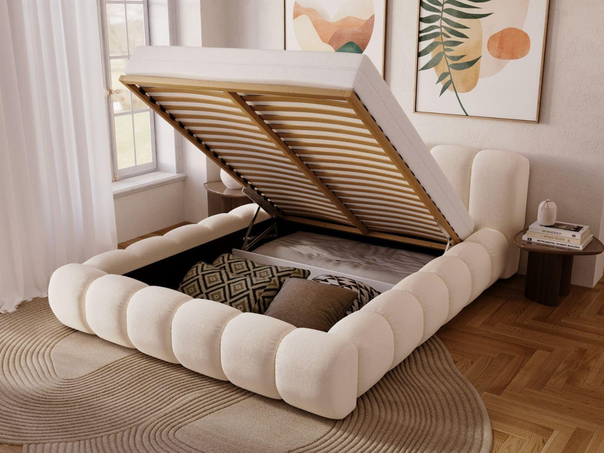 GRAINGOLD Doria Bett 140x200, Polsterbett mit Bettkasten, Polsterbett mit Stauraum, Velour, mit Lattenrost, mit Kopfteil, ohne Matratze (Creme, 140x200)
