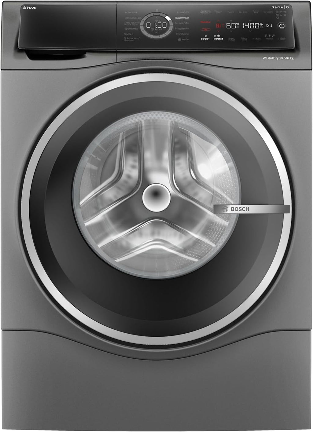 Bosch WNC254AS0, Serie 8, Smarter Waschtrockner, 10.5 kg Waschen  und  6 kg Trocknen, 1400 UpM, i-Dos intelligente Waschmittel-Dosierung, entfernt 16 Fleckenarten, IronAssist mit Dampffunktion, AutoDry