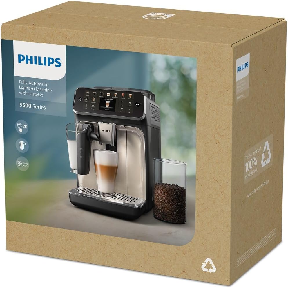 PHILIPS 5500 Series Kaffeevollautomat – 20 Getränke, Modernes Farb-Touchdisplay, LatteGo-Milchsystem, SilentBrew-Technologie, 100% Keramikmahlwerk, QuickStart, 1,8L Wassertank, Weißchrom (EP5543/90)
