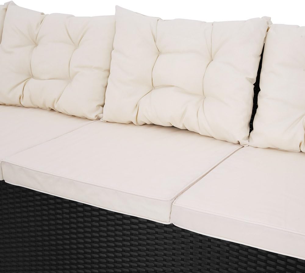 Casaria® Polyrattan Ecklounge Set WPC Esstisch Ecksofa inkl. 7cm Sitzauflagen 15cm Kissen Wetterfest Outdoor Lounge Garten Terrasse Balkon Möbel Schwarz