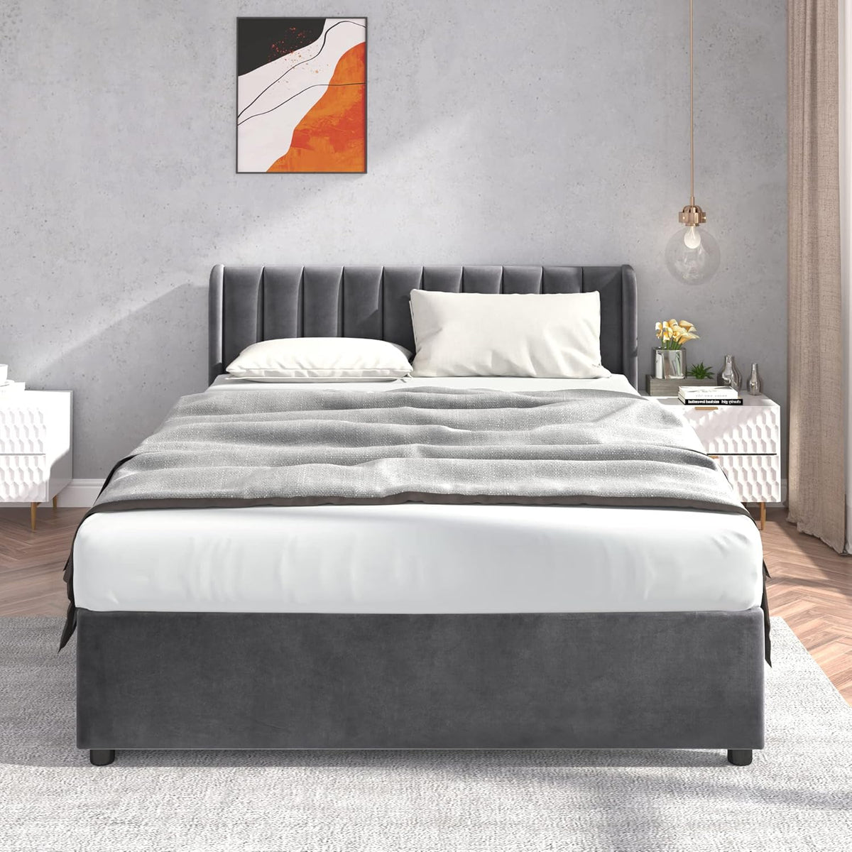Polsterbett Doppelbett 140x200 cm, Bett mit 2 Stauraum Schubladen und Lattenrost aus Holz, Stauraumbett Bettgestell mit Metallrahmen, Samt, Grau (Ohne Matratze)