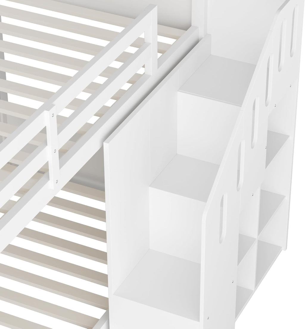 Hochbett Etagenbett 2 Kinder 90x200 cm mit Treppe, Kinderbett Mit & Schließfächern & Rausfallschutz, Kinderzimmer kinderhochbett, Stockbett für Mädchen Junge, Weiß