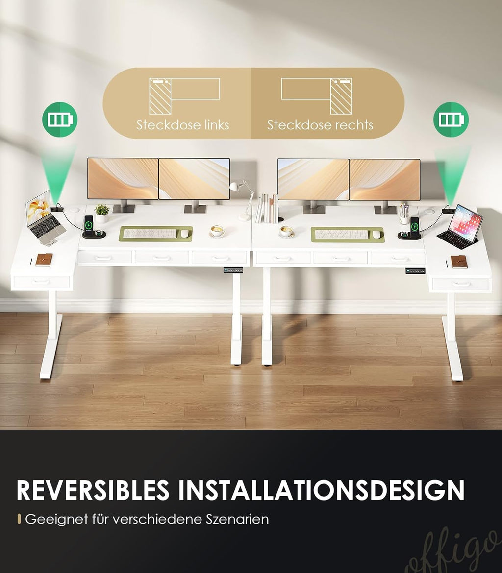 OffiGo Eckschreibtisch Höhenverstellbar, 140x80 cm Schreibtisch höhenverstellbar mit 4 Schublade, Elektrischer Tisch L Form mit Steckdose für Büro und Arbeitszimmer, Groß Ecktisch Weiß