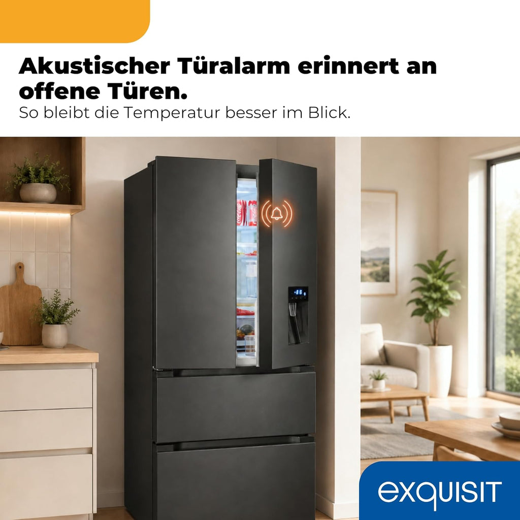 Exquisit Frenchdoor Kühl-Gefrierkombination | 506 l Nutzinhalt, Energieklasse E, 41 dB, No Frost Kühlen & Gefrieren, Schnellgefrieren, Wasserspender, LED, Elektronik | FD5490-160-WS-200E inoxlook-az