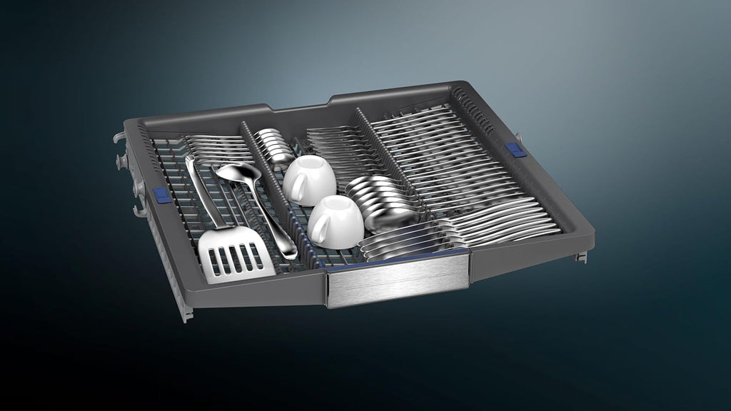 Siemens SN43ES14VE, iQ300 Smarter Geschirrspüler, Unterbau-Spülmaschine mit Besteckschublade, 60 cm, automatische Türöffnung dank autoOpen dry, besonders leise mit iQdrive-Motor, aquaStop, Edelstahl