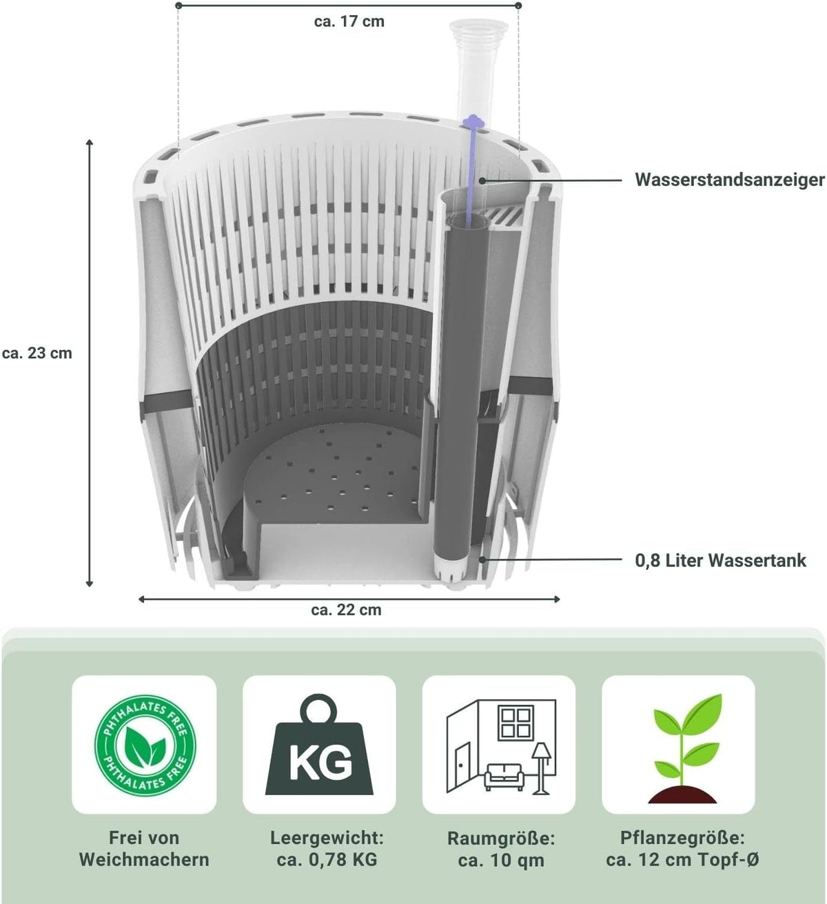 AIRY Luftreiniger System S inkl. Bogenhanf & 3-Liter Airy Base • Natürlicher Luftfilter beseitigt Schadstoffe, Allergene & Gerüche • Ideal für Räume mit ca. 10qm • 1315-613 weiss-grau