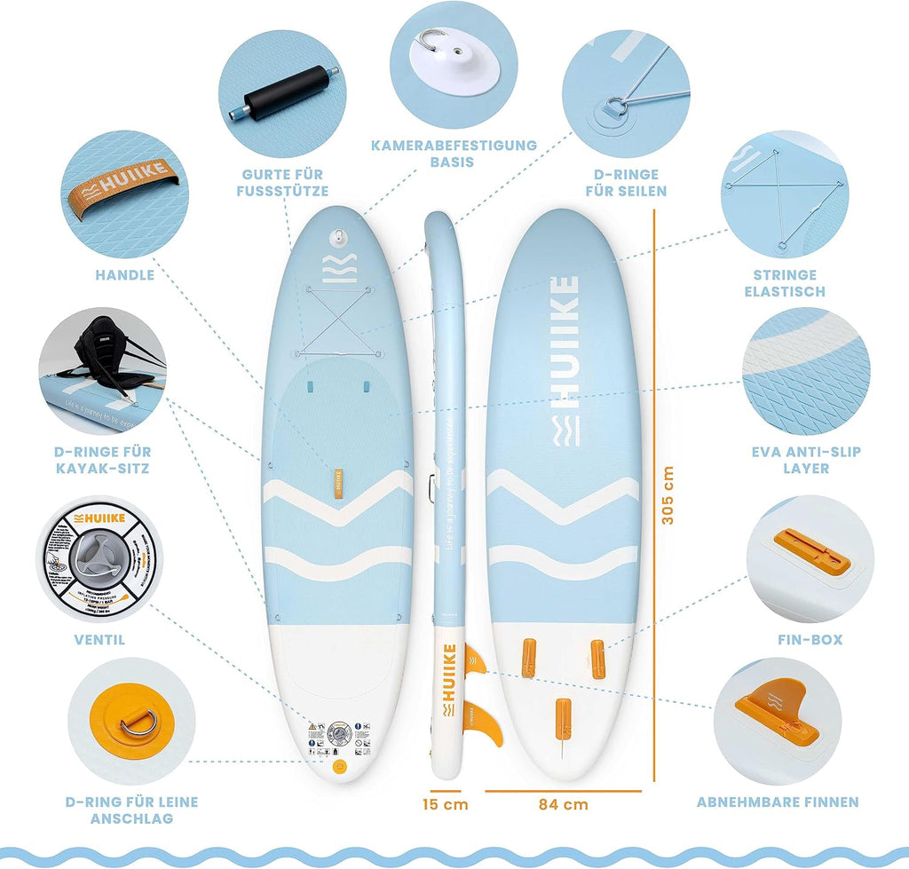 HUIIKE Stand Up Paddling Board mit Zubehör, Paddel, Finnen, Leash, Pumpe, Rucksack. SUP-Board Aufblasbar Hoher Stabilität und Widerstandsfähigkeit. Zum Kajak Umbaubar 305-365 cm, trägt 130-170 kg