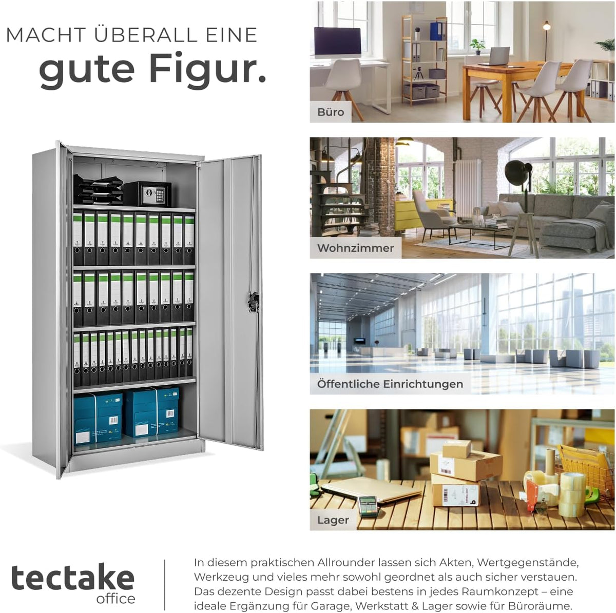tectake® Aktenschrank, Büroschrank abschließbar, Mehrzweckschrank aus Stahl, Allzweckschrank mit 2 Türen, inkl. 3 höhenverstellbare Einlegeböden, Aktenschrank abschließbar 180x80x40 cm - grau