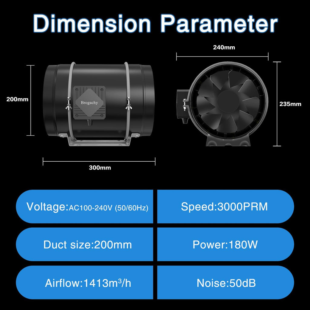 200mm Regelbar Rohrventilator, Abluftventilator 3000 RPM,mit Dreiphasiger EC Motor, für Heizung, Kühlung,Booster, Wachstumszelte, Hydrokulturen, Heimgebrauch, Belüftung.