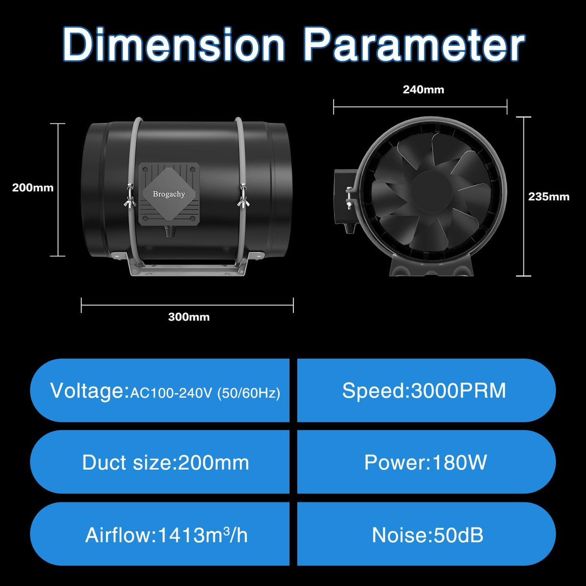 200mm Regelbar Rohrventilator, Abluftventilator 3000 RPM,mit Dreiphasiger EC Motor, für Heizung, Kühlung,Booster, Wachstumszelte, Hydrokulturen, Heimgebrauch, Belüftung.