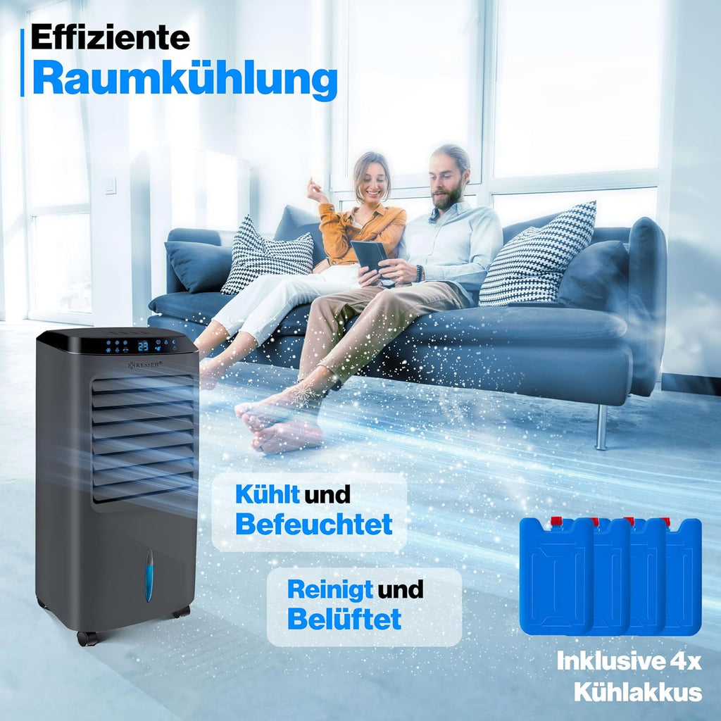 KESSER® Mobile Klimaanlage 4in1 Luftkühler – Air Cooler mit Fernbedienung & Timer, 10L Wassertank, Ionisator & Luftbefeuchter, Ventilator Klimagerät ohne Abluftschlauch, 3 Stufen inkl. Kühlakkus