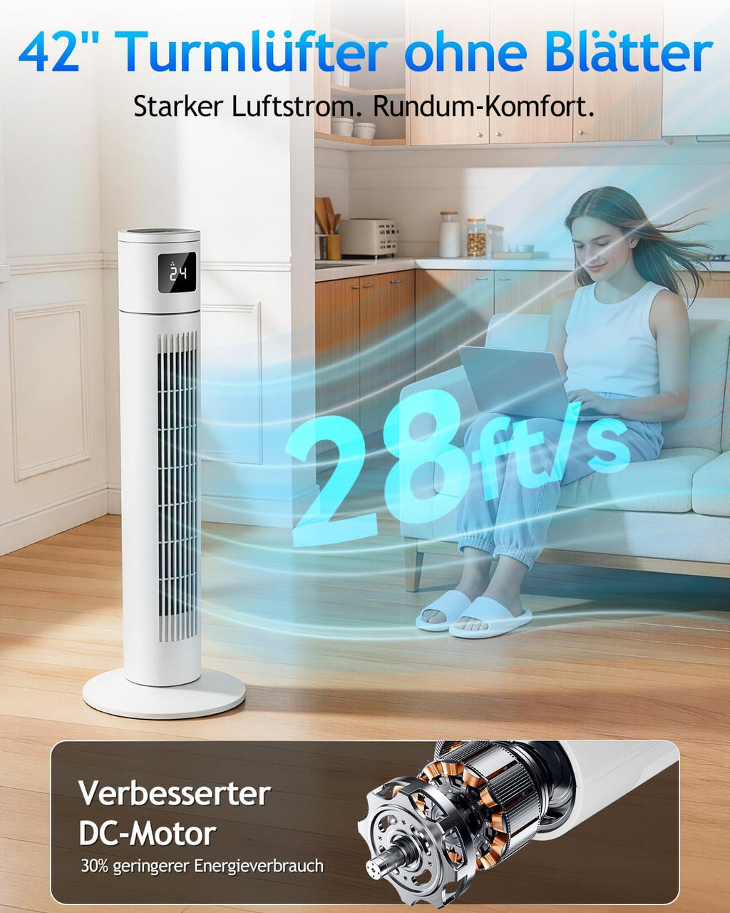 Timiyou Turmventilator 20dB Sehr Leiser für Schlafzimmer & Kühlung mit Fernbedienung | 3 Geschwindigkeitsstufen, 12h Timer, 60° Oszillation, Temperaturanzeige