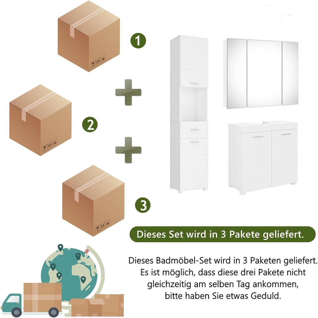 FOREHILL Badmöbel Set weiß, 3 Teile, mit Waschbeckenunterschrank, Hochschrank, Spiegelschrank