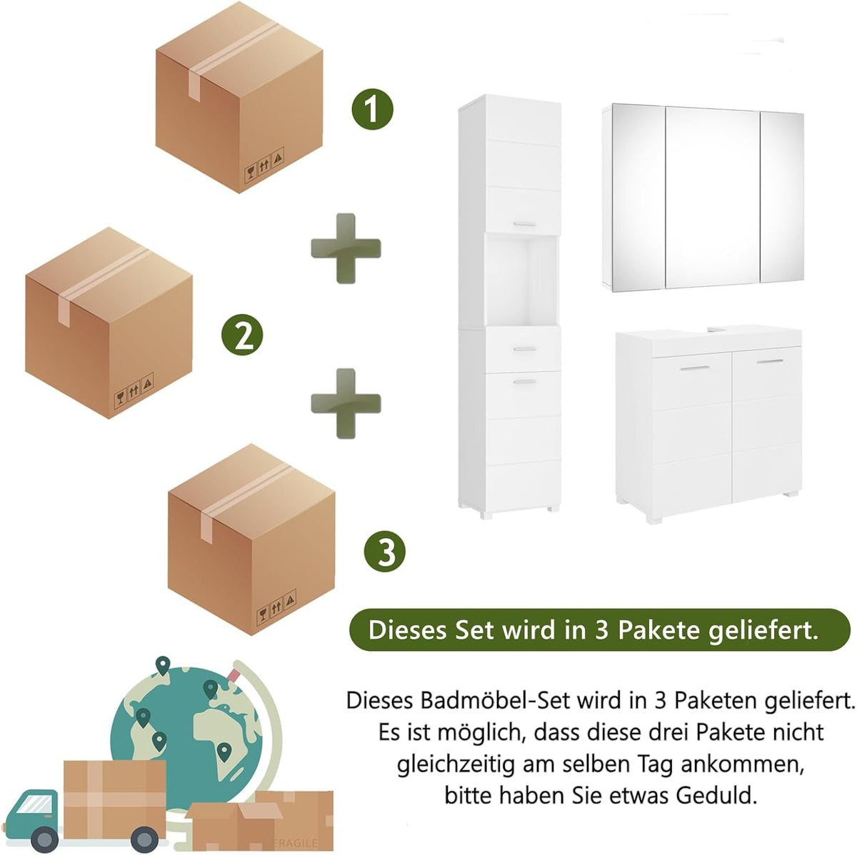 FOREHILL Badmöbel Set weiß, 3 Teile, mit Waschbeckenunterschrank, Hochschrank, Spiegelschrank