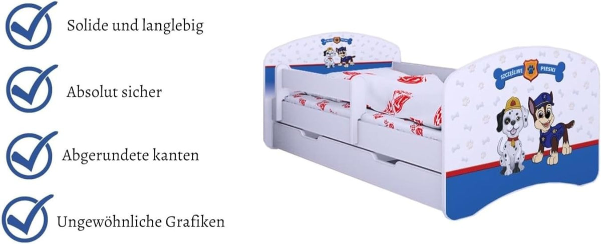BDW Kinderbett Super Hunde - Babybett mit Matratze und Schublade - Bequem und Langlebig Rausfallschutz Bett - Kinderzimmer - Weiß (180x90)