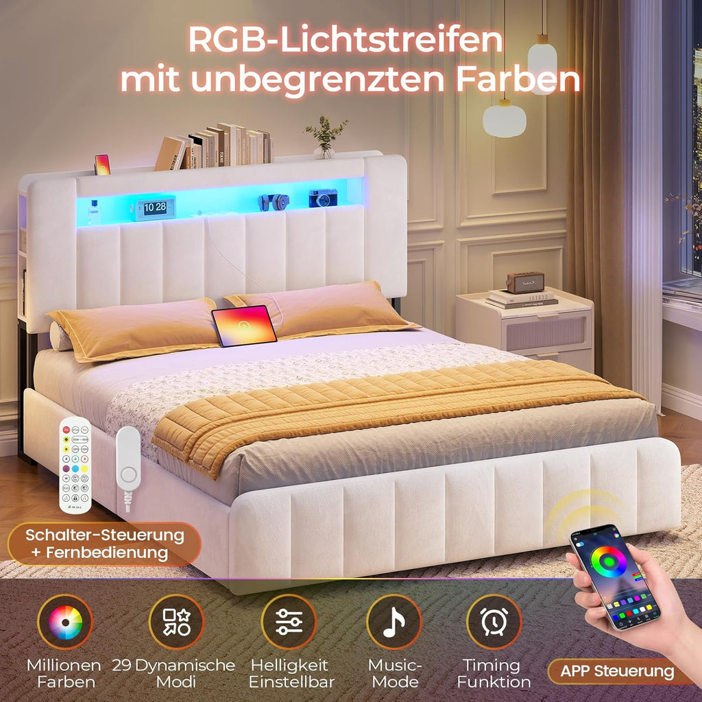 AOGLLATI Polsterbett 160x200 cm mit Stauraum - 4 Schubladen, Doppelbett mit LED-Beleuchtung & Ladestation, Bettgestell mit Kopfteil aus Samt, Bett mit Lattenrost ohne Matratze