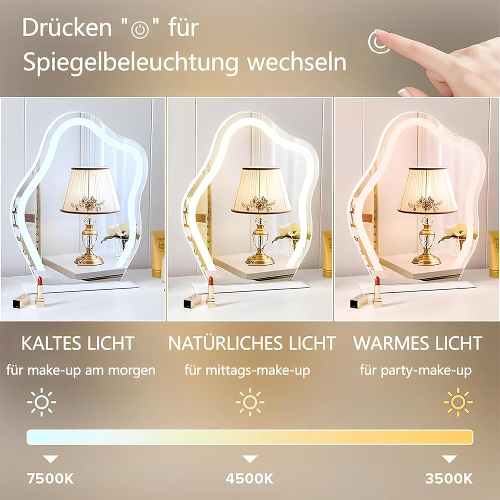 Schminktisch Mit Beleuchtung Und Hocker,Moderner Frisiertisch Mit Kabelloser Aufladung,Bluetooth-Audio,Schminktisch Mit Spiegel,3 Farben,Für Das Schlafzimmer (Graues Schminktisch-Set)